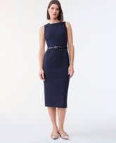 Ann Taylor Deep Navy Sky The Belted Crew Neck Sheath Dress in Seasonless Stretch