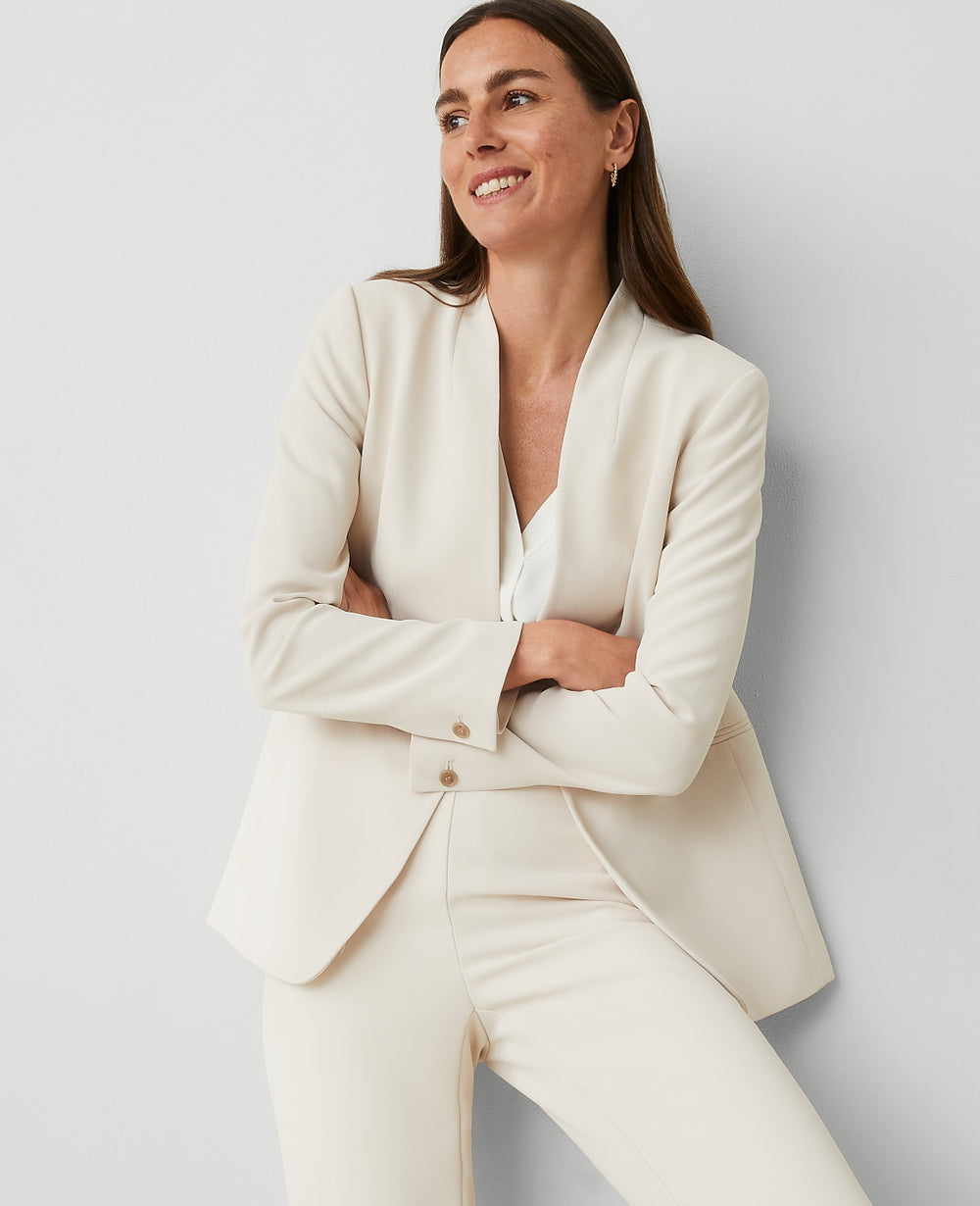 Ann Taylor Ivory Whisper The Long Collarless Blazer in Fluid Crepe