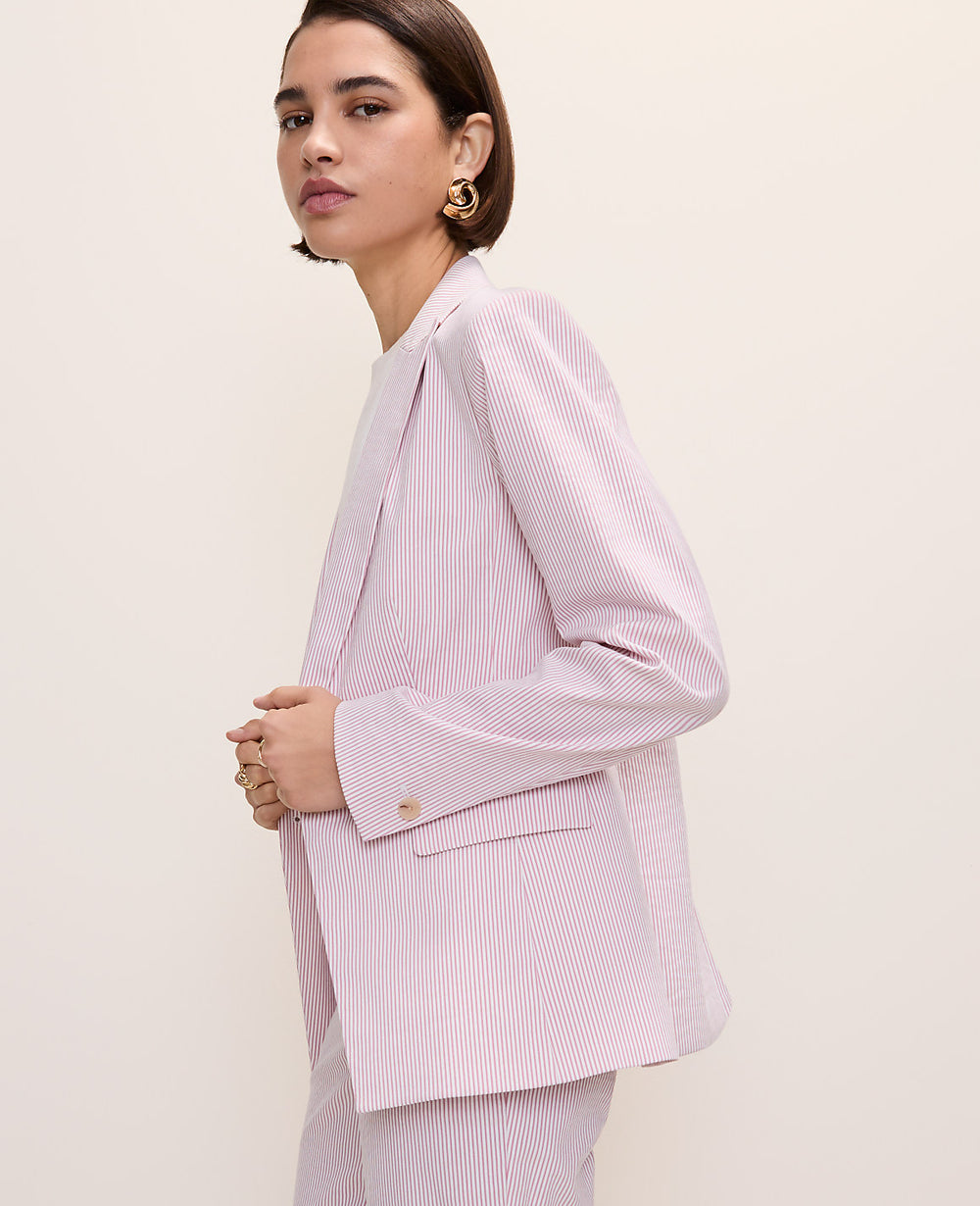 Ann Taylor Pink/White Combo The Single Button Blazer in Seersucker