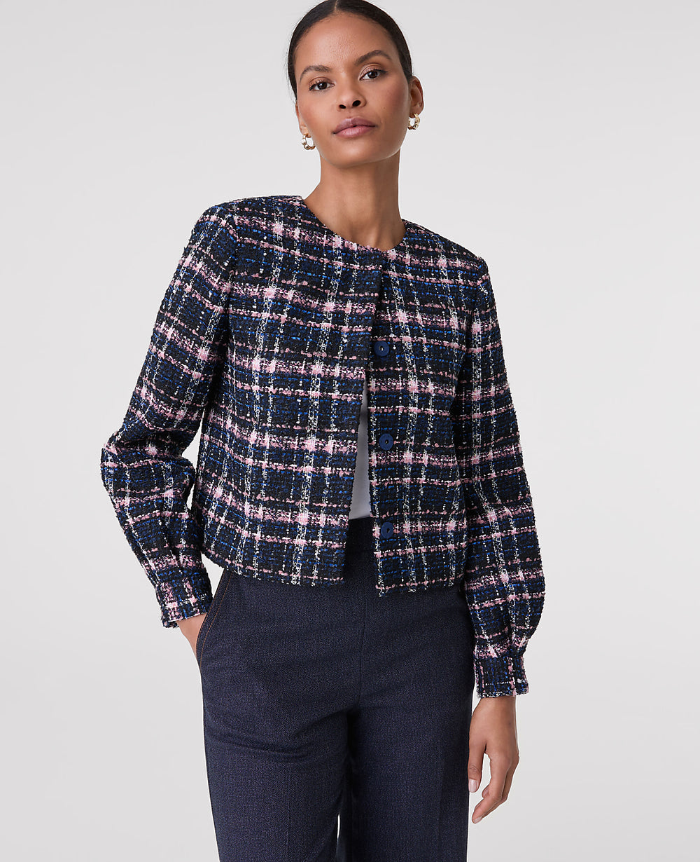 Ann Taylor Pink/Blue Plaid The Crew Neck Jacket in Plaid Tweed