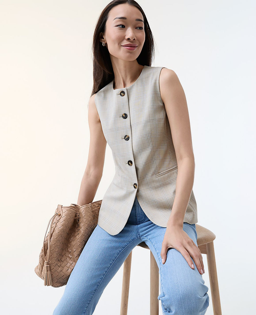 Ann Taylor Tan/Blue Combo The Long Crew Neck Vest in Plaid