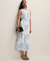 Ann Taylor White-Blue Floral Bias Midi Slip Skirt