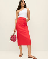 Ann Taylor Smoldering Red Belted Midi Pencil Skirt in Linen Blend