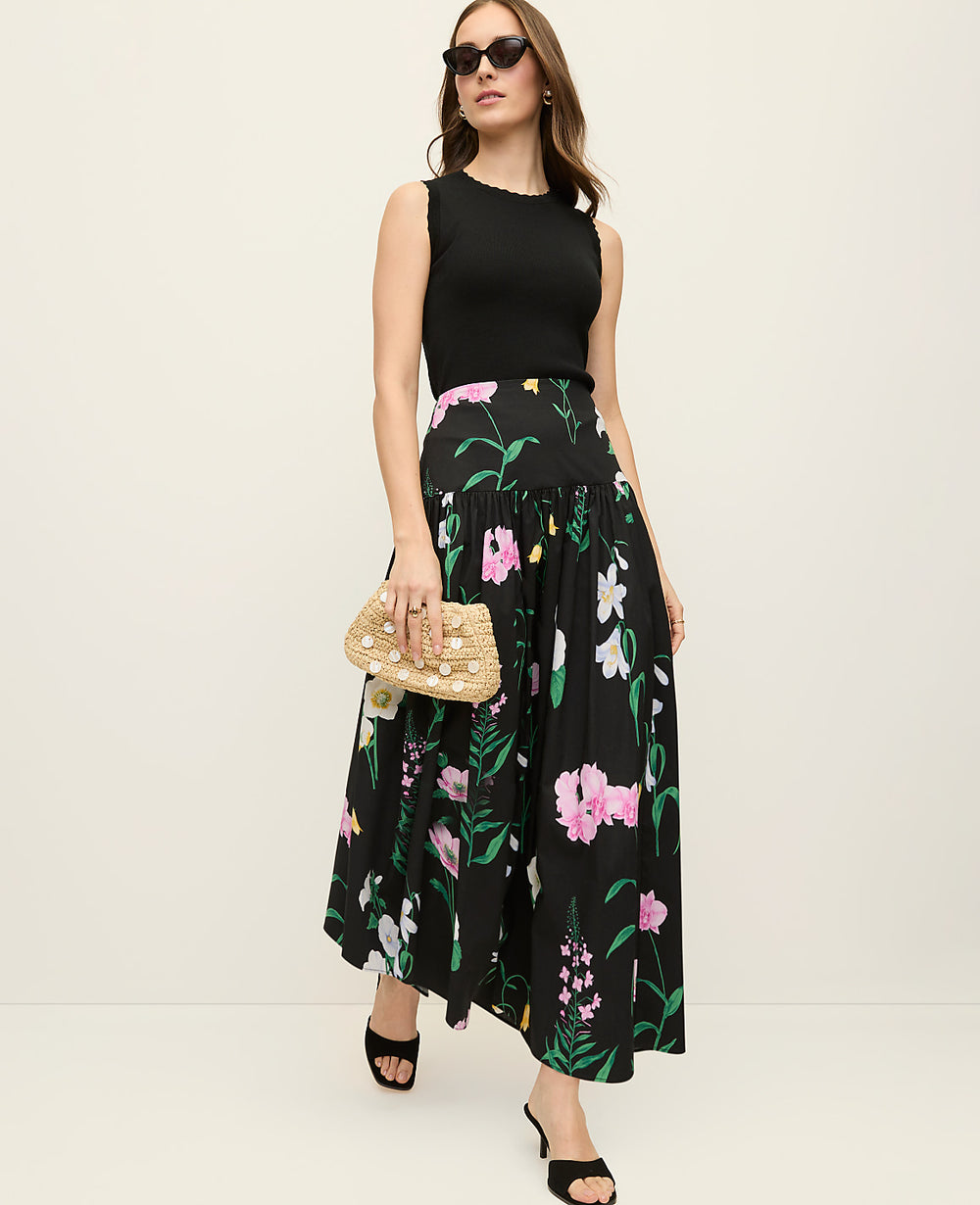 Ann Taylor Black Floral Gathered Maxi Skirt