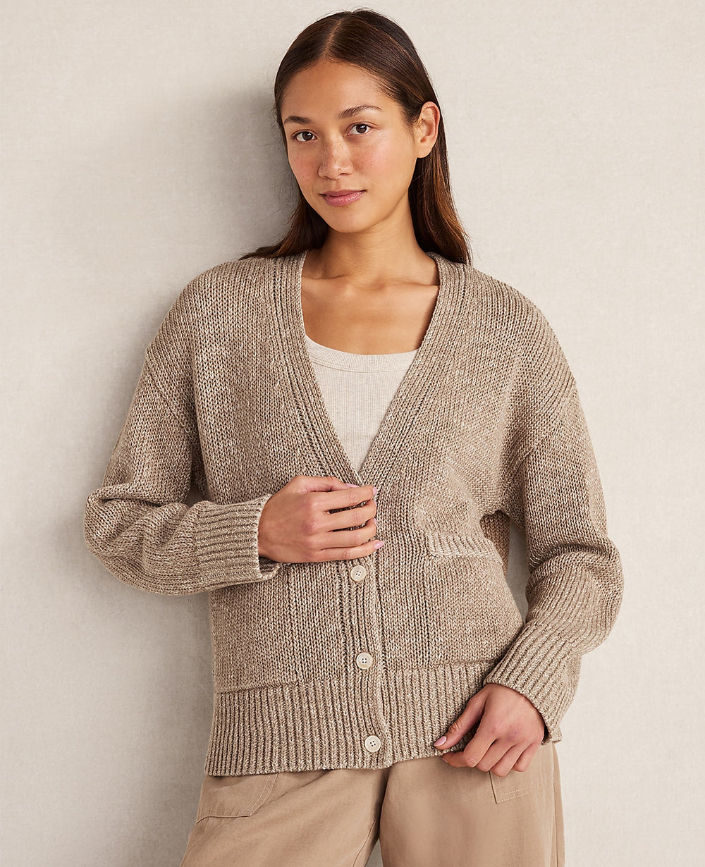 Ann Taylor Taupe Haven Well Within Organic Cotton Linen Plaited V-Neck Cardigan
