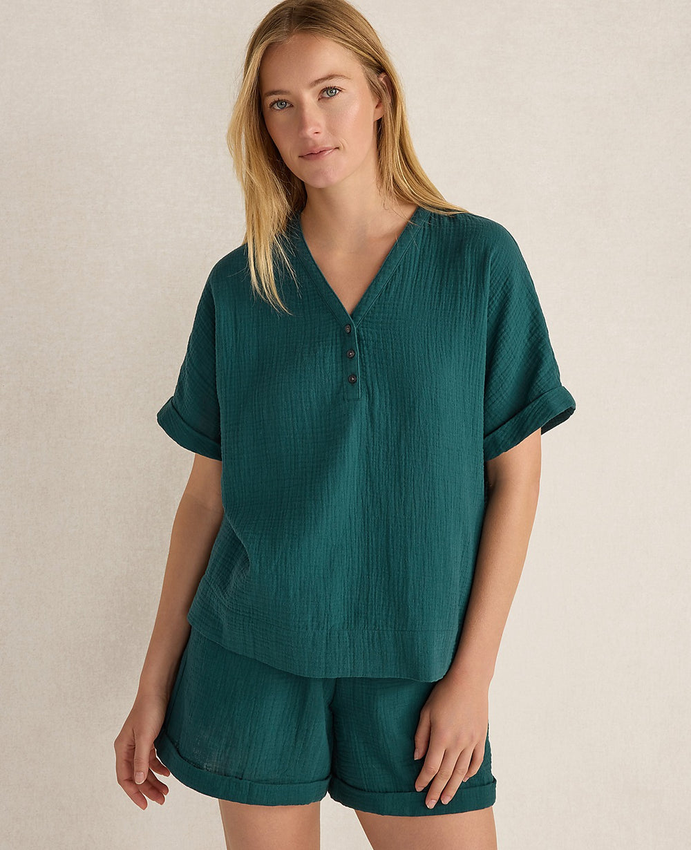 Ann Taylor Deep Turquoise Haven Well Within Organic Cotton Gauze V-Neck Top