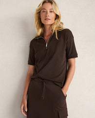 Ann Taylor Coffee Bean Haven Well Within Organic Cotton Interlock Half-Zip Collared Top