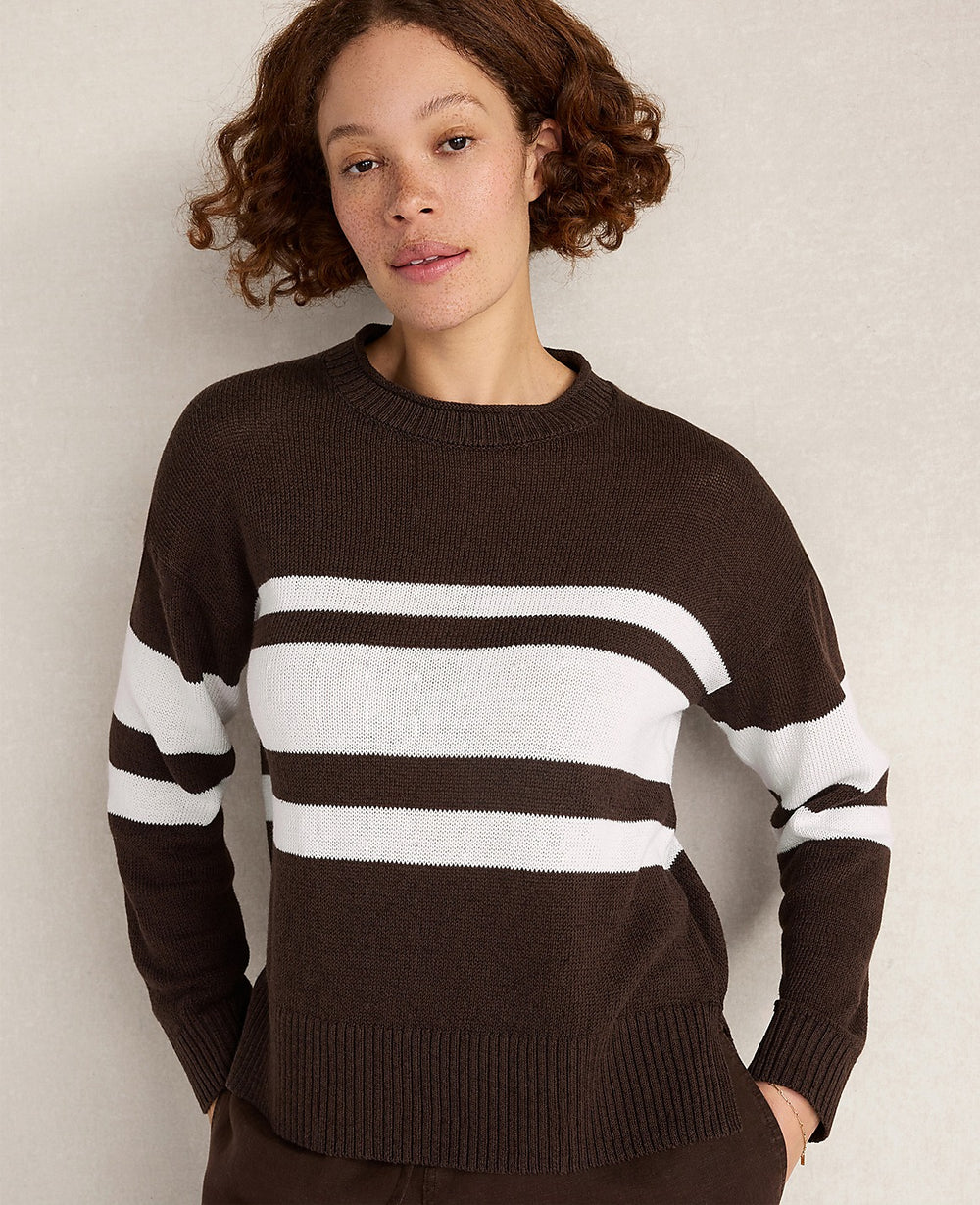 Ann Taylor White Haven Well Within Cotton Linen Stripe Roll Neck Sweater
