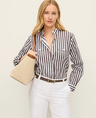 Ann Taylor Charcoal/White Striped Oversized Pocket Shirt