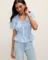 Ann Taylor Vista Blue Weekend Floral Gathered Peplum Blouse