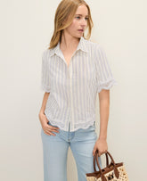 Ann Taylor Yellow Pavlova Weekend Embroidered Striped Shirt