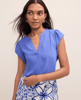 Ann Taylor Dream Blue Petite Mixed Media Flutter Sleeve Top