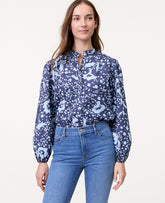 Ann Taylor Subdued Navy Petite Weekend Floral Stand Collar Blouse