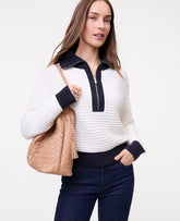 Ann Taylor Winter White Petite Weekend Striped Half-Zip Sweater