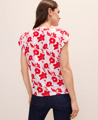 Ann Taylor Bright Cherry Petite Mixed Media Floral Flutter Sleeve Top