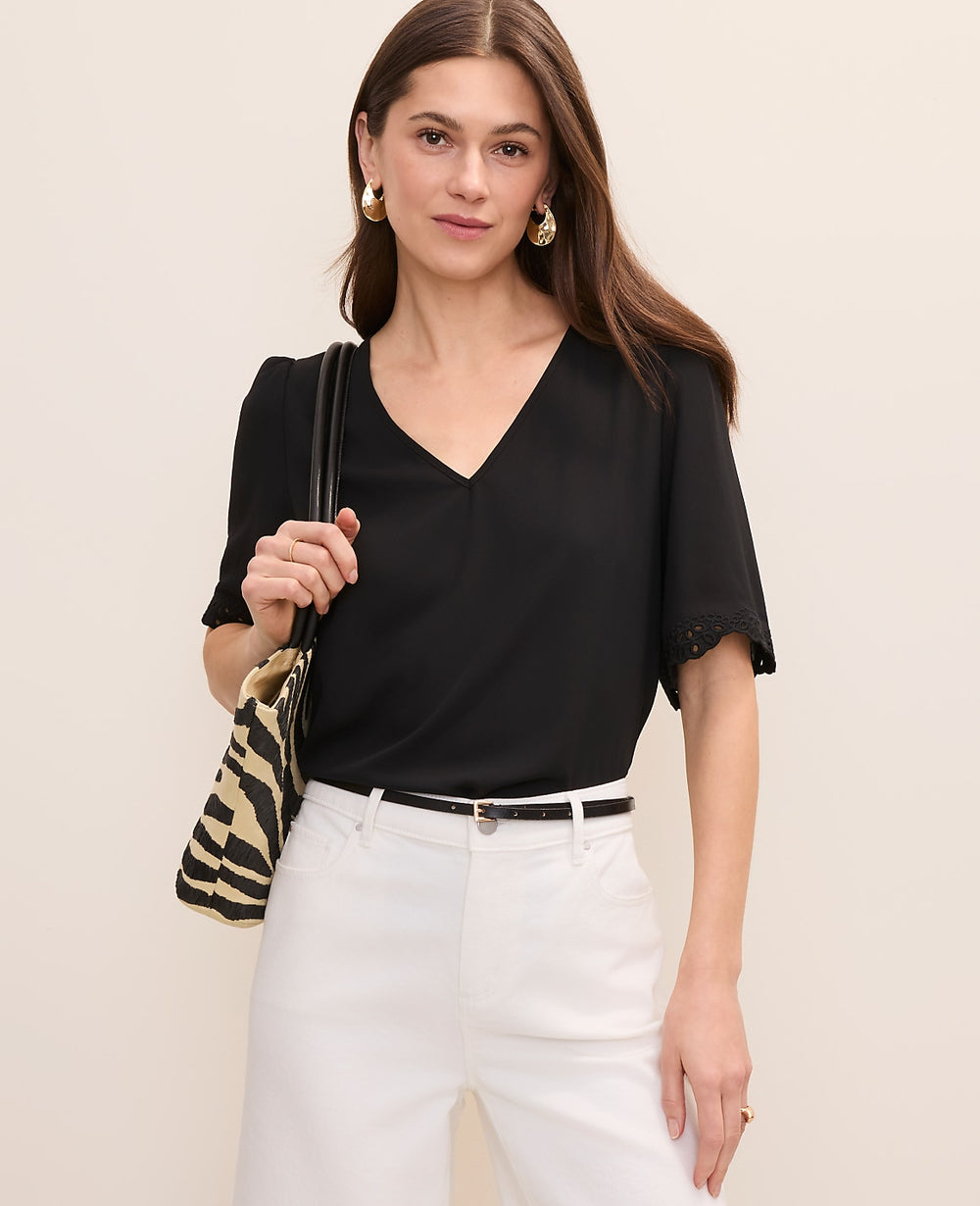 Ann Taylor Black Petite Embroidered Mixed Media Top