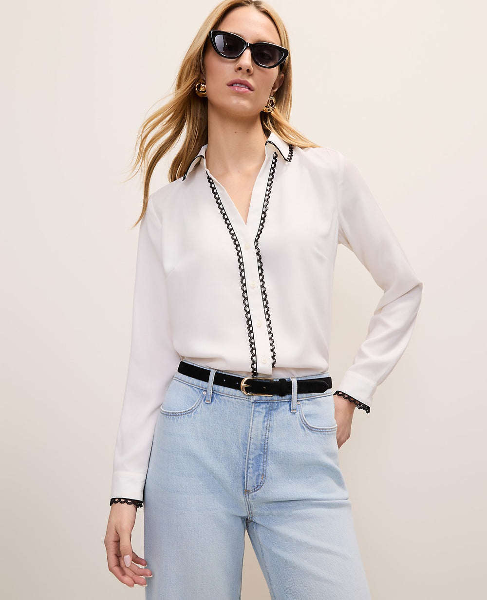 Ann Taylor Winter White Petite Embroidered Satin Essential Shirt