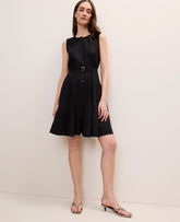 Ann Taylor Black Petite Belted Crew Neck Flare Dress