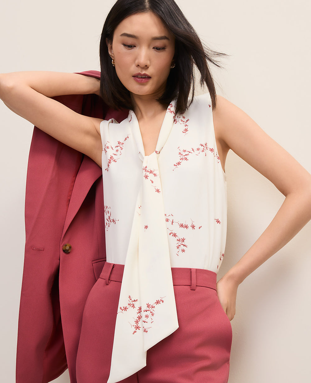 Ann Taylor Winter White Floral Bow Neck Shell