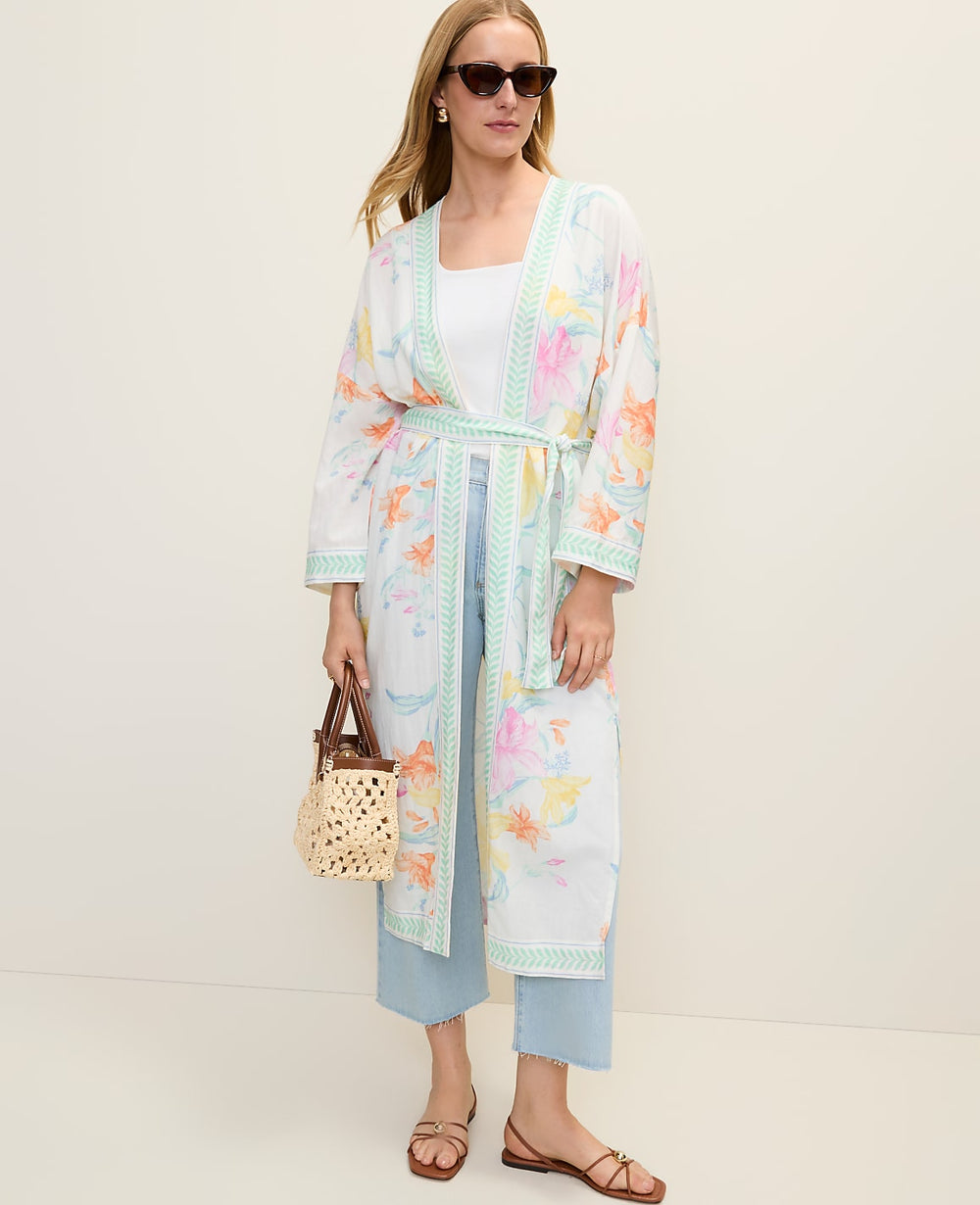 Ann Taylor White Floral Belted Kimono