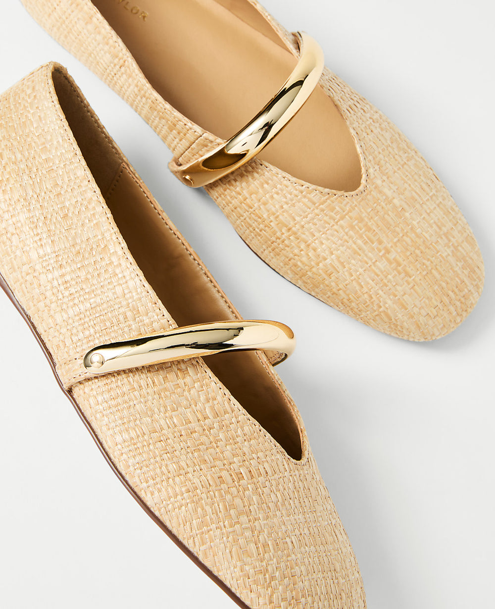 Ann Taylor Natural Straw Hardware Embellished Mary Jane Flat
