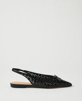 Vinci Leather Black Perforated Leather Bow Slingback Flat