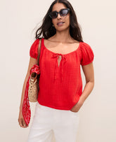 Vinci Leather Bright Cherry Gathered Tie Neck Top