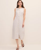 Vinci Leather Natural Flax Button Midi Dress in Linen Blend