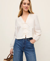 Vinci Leather Winter White Tie Front Blouse