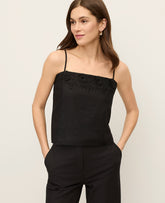 Vinci Leather Black Floral Appliqué Linen Blend Tank Top