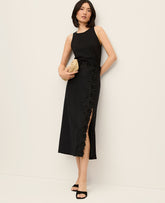Vinci Leather Black Lace Trim Linen Blend Midi Skirt