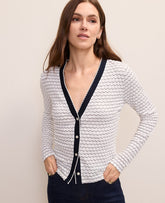 Vinci Leather Ivory/Navy Multi Scalloped V-Neck Cardigan