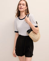 Vinci Leather Ivory/Navy Multi Scalloped Ruffle Trim Top