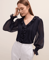 Vinci Leather Night Sky Ruffle Trim Blouse