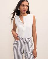 Vinci Leather Winter White Mixed Media Button Down Top
