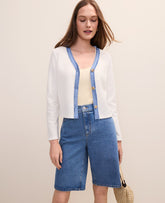 Vinci Leather Winter White Fringe Trim Cropped Tweed Jacket