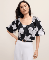 Vinci Leather Black Floral Puff Sleeve Top