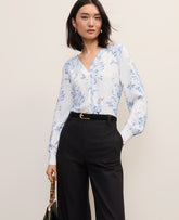Vinci Leather White-Blue Floral Pleat Front Top