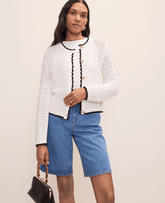 Vinci Leather White Scalloped Trim Cardigan