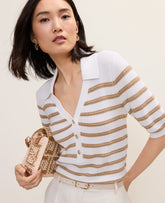 Vinci Leather White Striped Polo Sweater