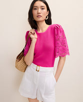 Vinci Leather Bright Magenta Flower Lace Trimmed Sweater Top