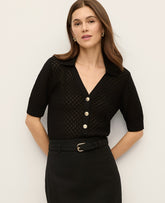 Vinci Leather Black Pointelle Polo Sweater