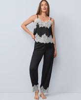 Vinci Leather Black Lace Trim Satin Pajama Set