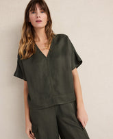 Vinci Leather Deep Green Haven Well Within Viscose Linen V-Neck Top