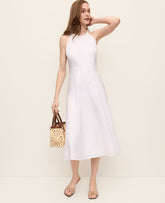 Vinci Leather White Halter Flare Midi Dress in Linen Blend