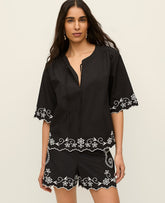 Vinci Leather Black Embroidered V-Neck Blouse