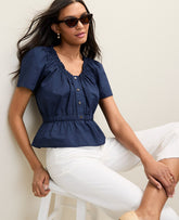 Vinci Leather Pure Sapphire Weekend Gathered Peplum Blouse
