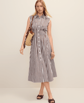 Vinci Leather Rich Walnut Petite Weekend Striped Pleated Midi Shirtdress