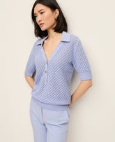 Vinci Leather Blue Hydrangea Pointelle Polo Sweater