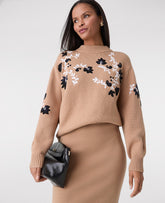 Vinci Leather Cafe Au Lait Embroidered Floral Mock Neck Sweater